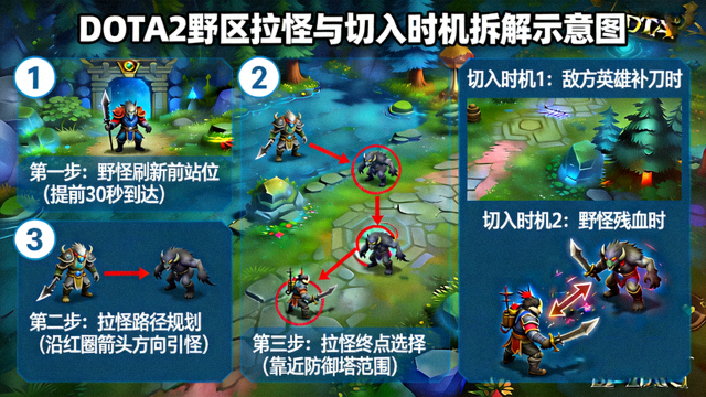 DOTA2 野区拉怪与切入时机拆解示意图