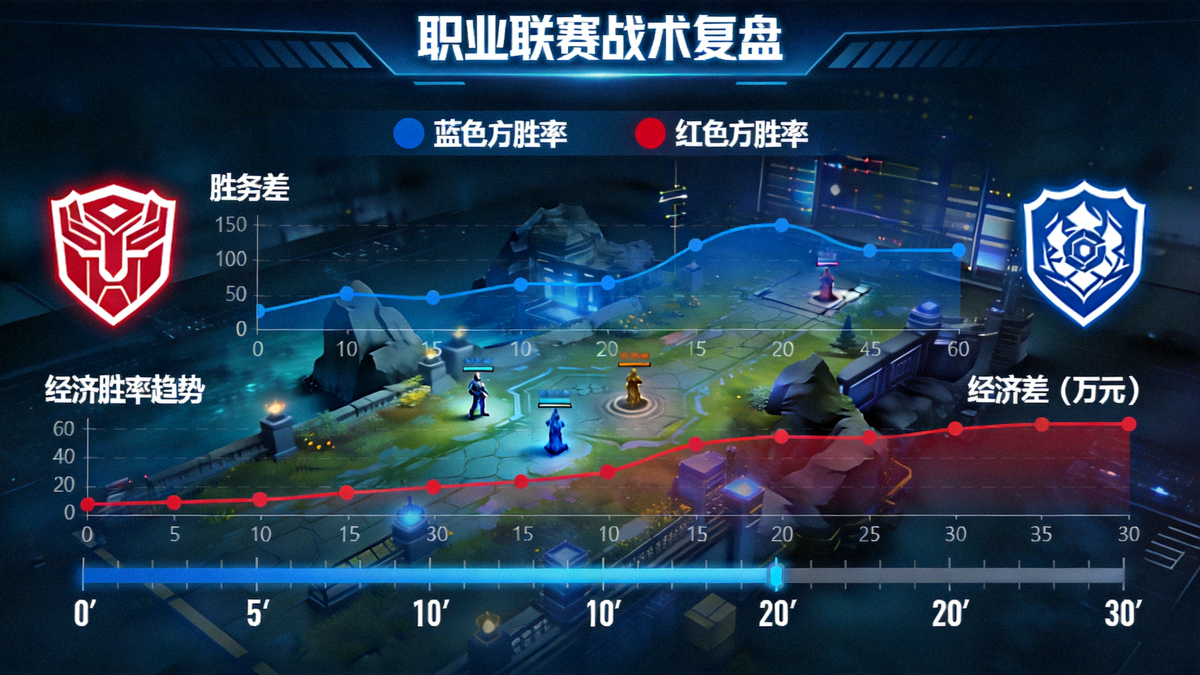 职业联赛战术复盘沙盘界面，展示局势胜率走势与经济差曲线